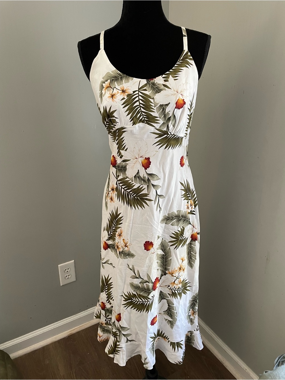 Vintage Hawaiian Two Palms White Floral Tropical Midi Dress